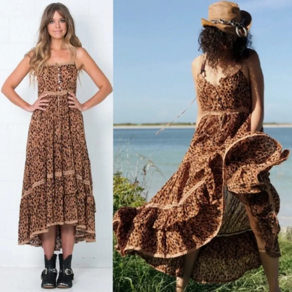 New Boho Saphari Leopard Maxi Sundress Dress - Picture 7 of 12